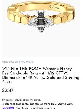 Disney Wonder Winnie the Pooh Yellow Gold & Silver Honey Bee Stackable Ring
